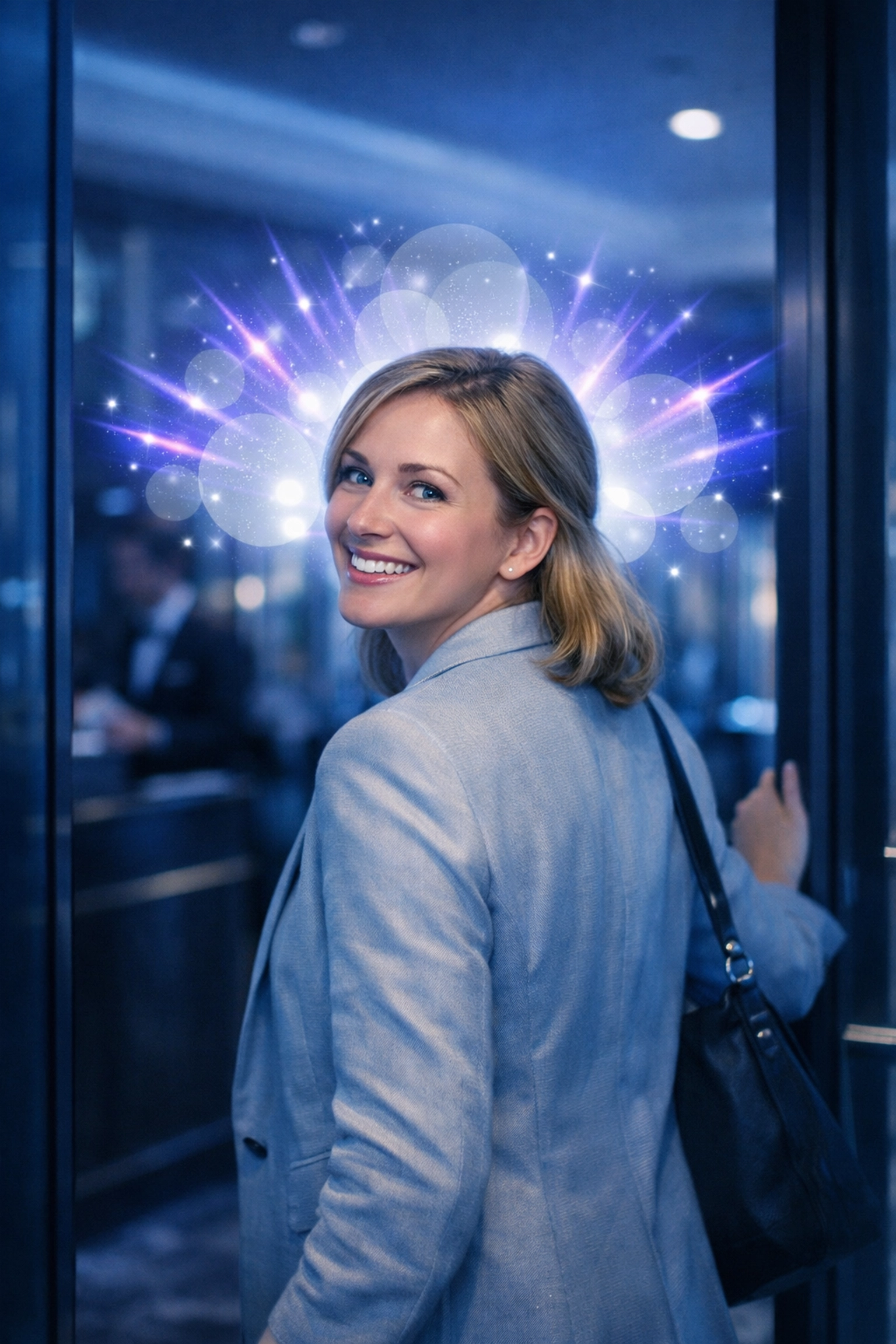 Smiling customer leaving a professional establishment, illustrating how wow moments build lasting brand loyalty.