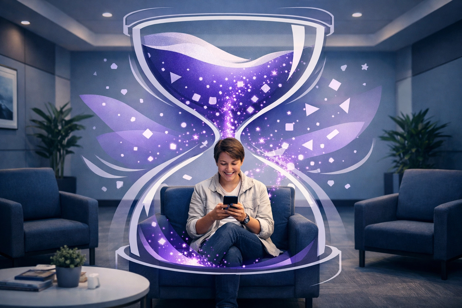 Customer using a smartphone in a modern waiting room to reduce perceived wait time through micro-interactions.