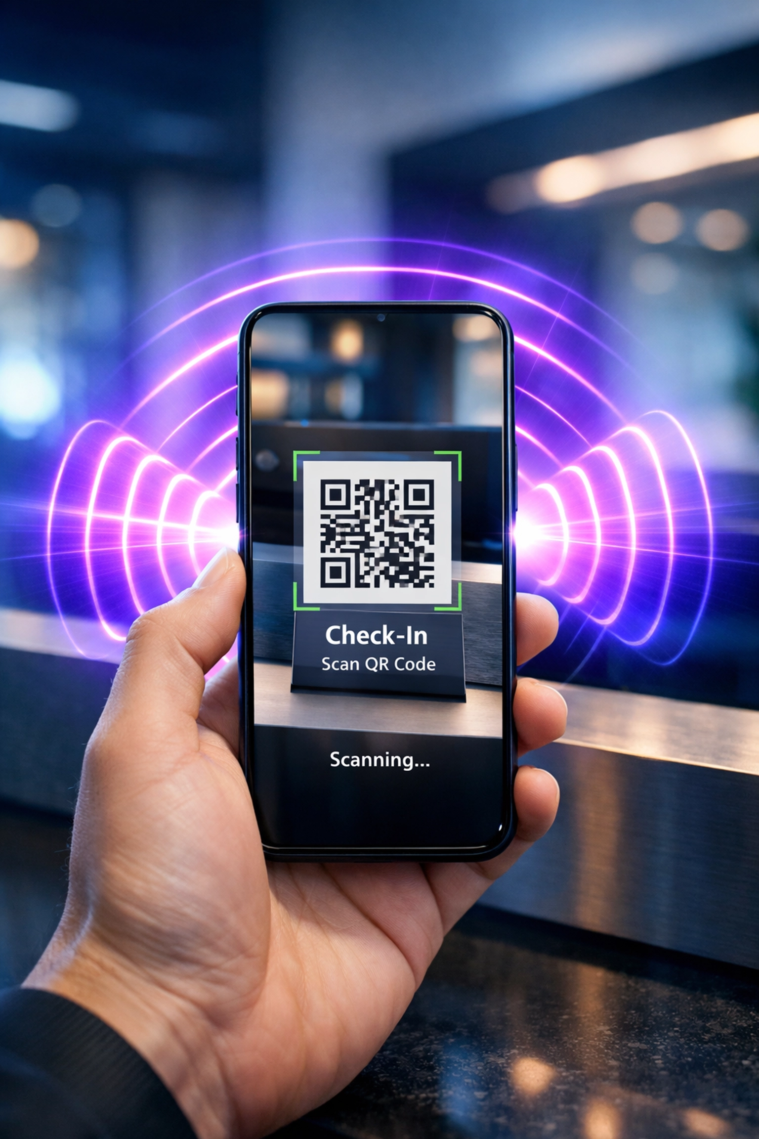 Smartphone scanning a waiting room QR code for instant, frictionless customer engagement.