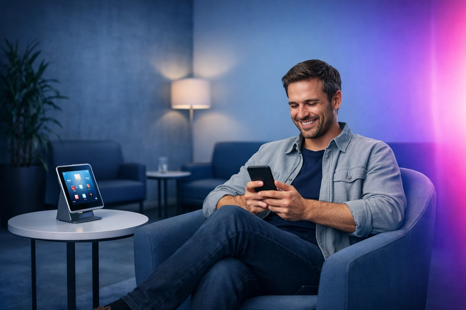 Relaxed customer enjoying engaging digital content via smartphone in a modern waiting room.