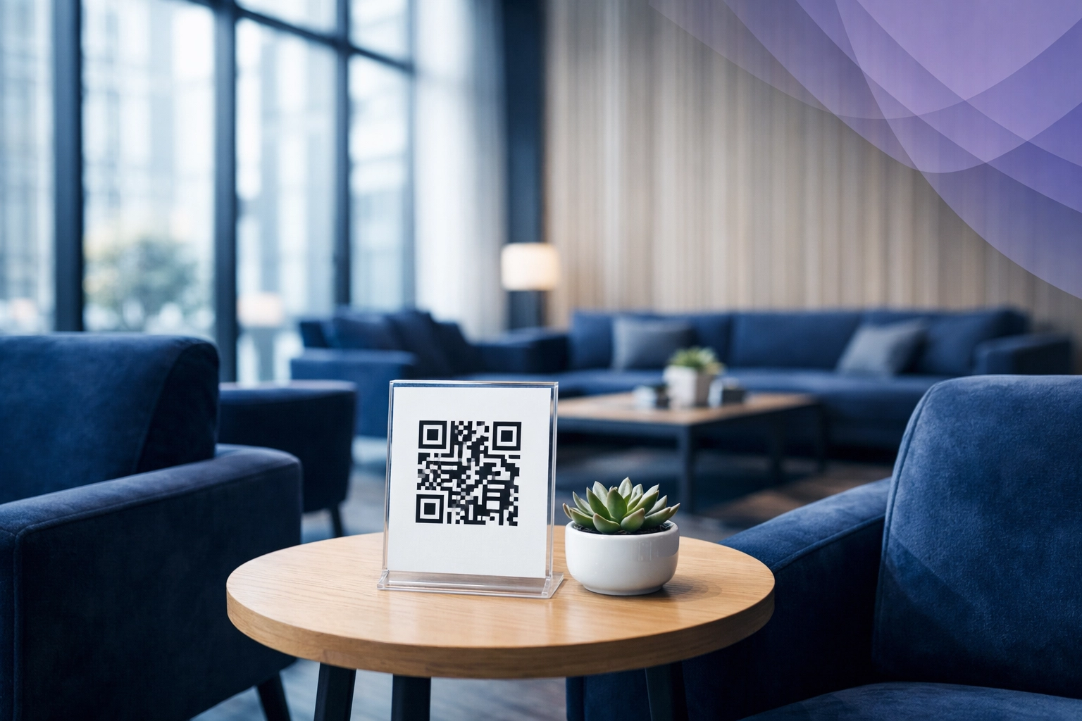 Professional waiting room QR code signage on a non-reflective stand in a modern lounge.