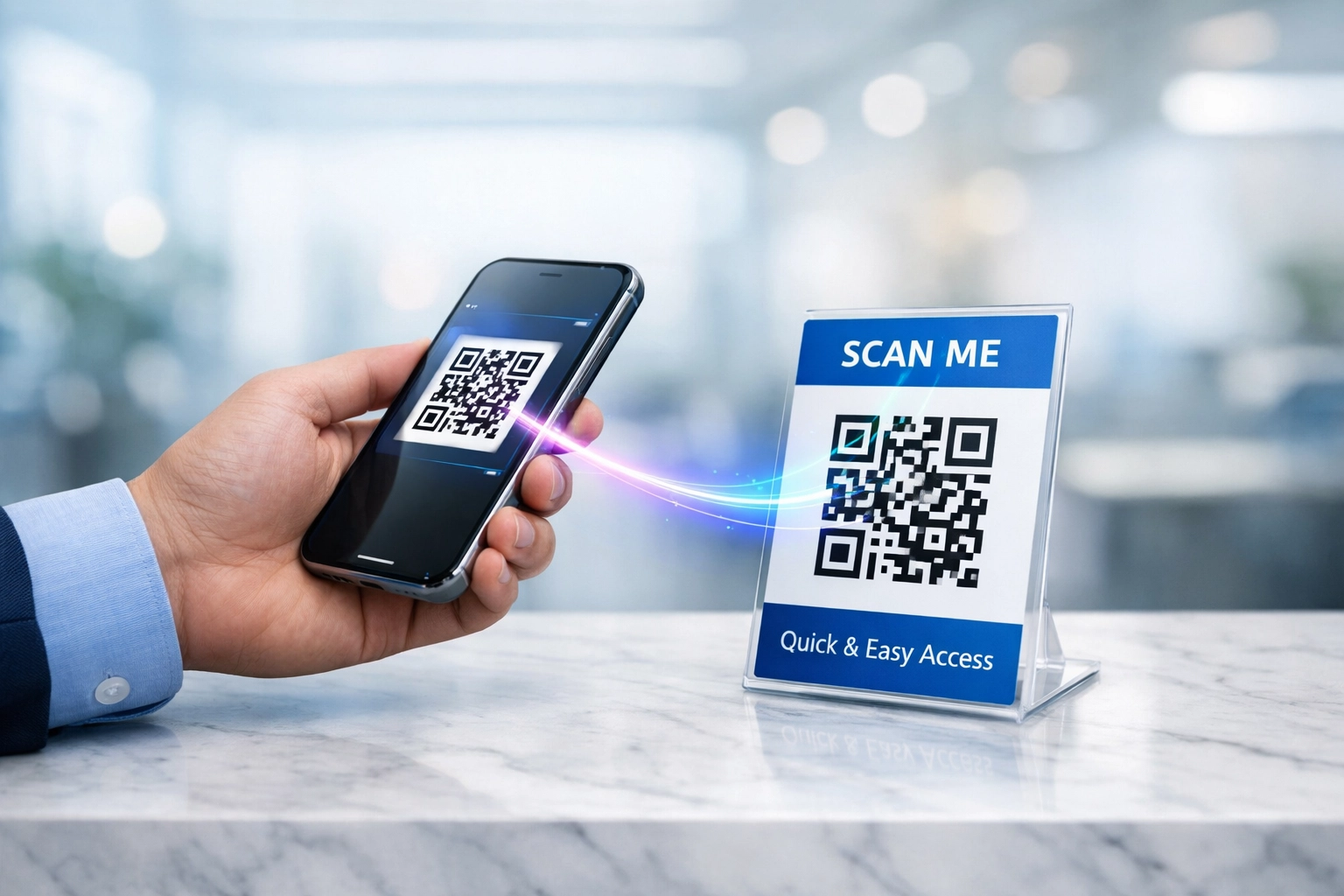A customer scanning a QR code for instant, frictionless digital entertainment in a business waiting area.