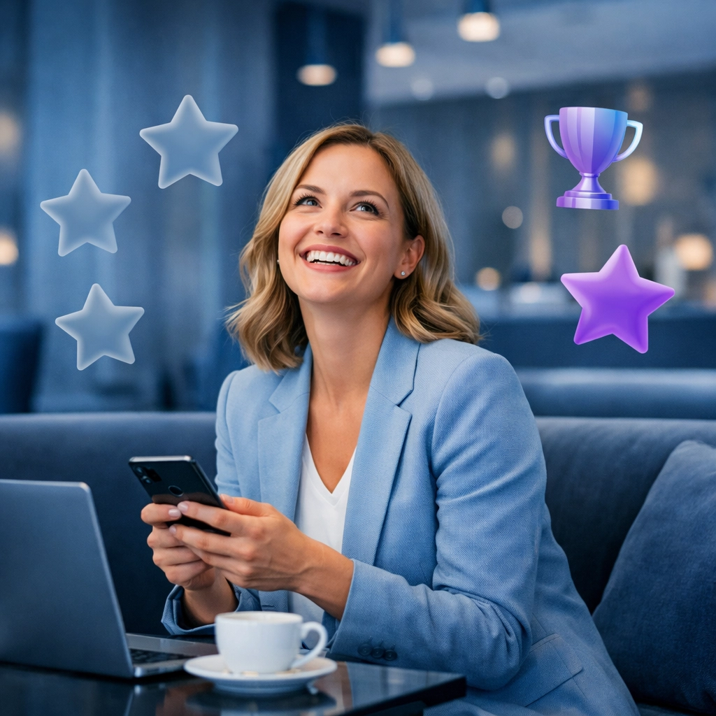 A happy customer smiling in a lobby after a positive digital engagement, representing brand loyalty and satisfaction.