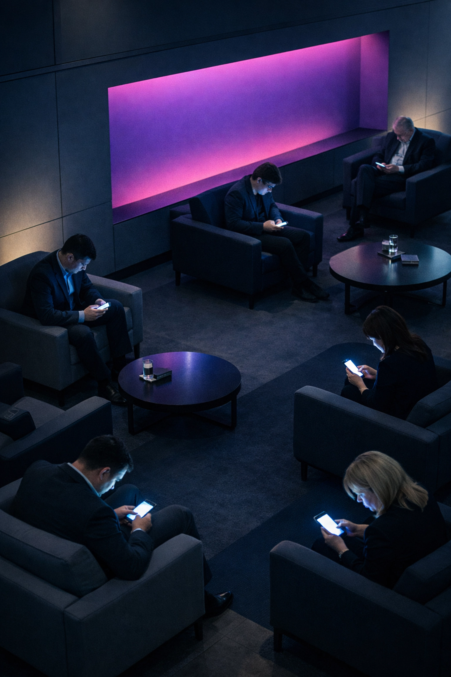 People using smartphones in a modern waiting room, illustrating digital isolation and perceived wait time.