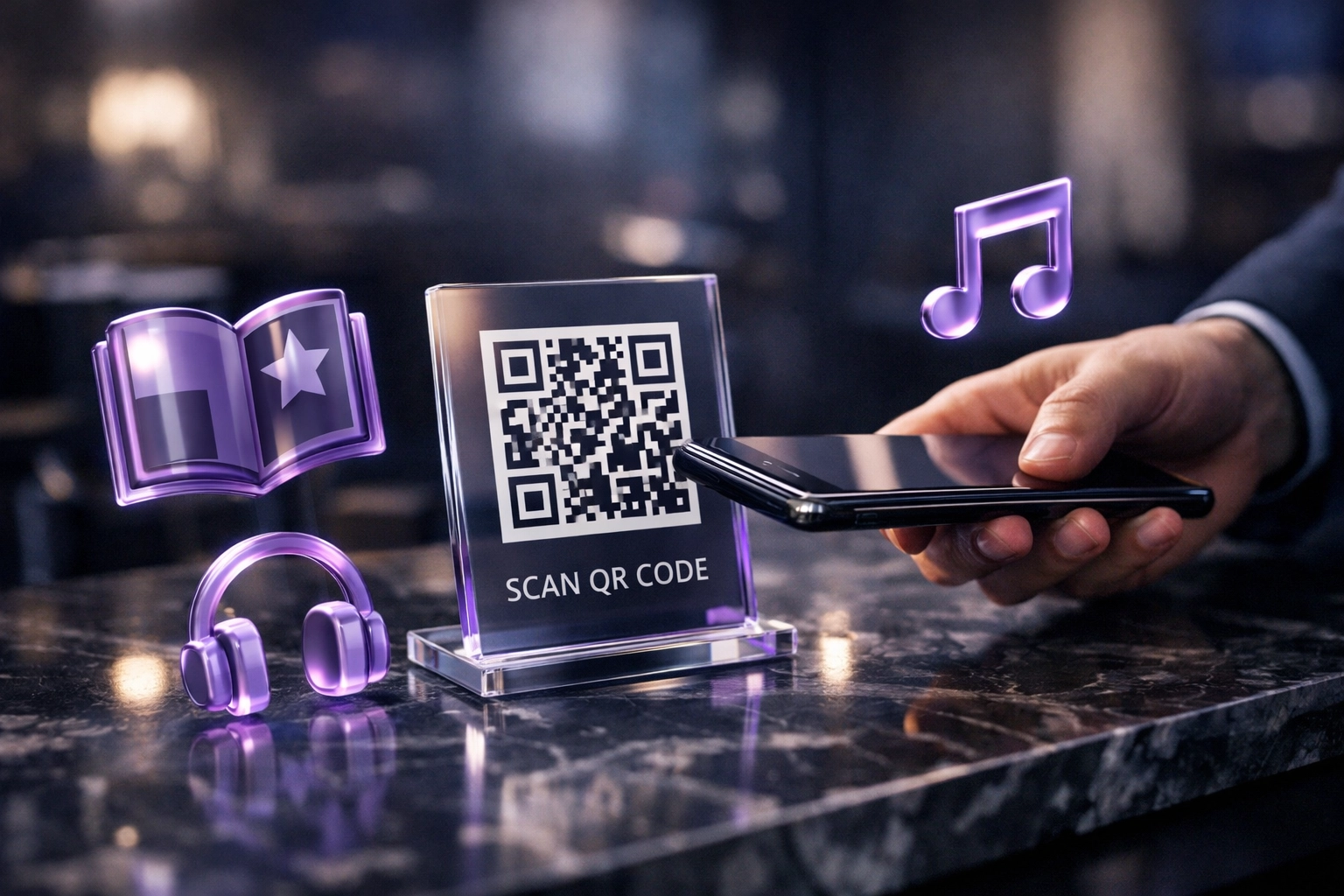 Close-up of a hand scanning a QR code for frictionless access to digital perks like magazines and music.