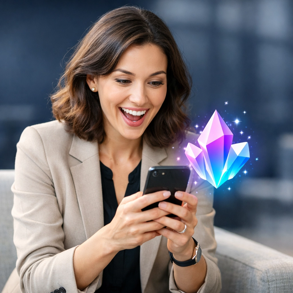 A customer smiling at their phone after receiving an instant digital micro-win in a modern waiting area.