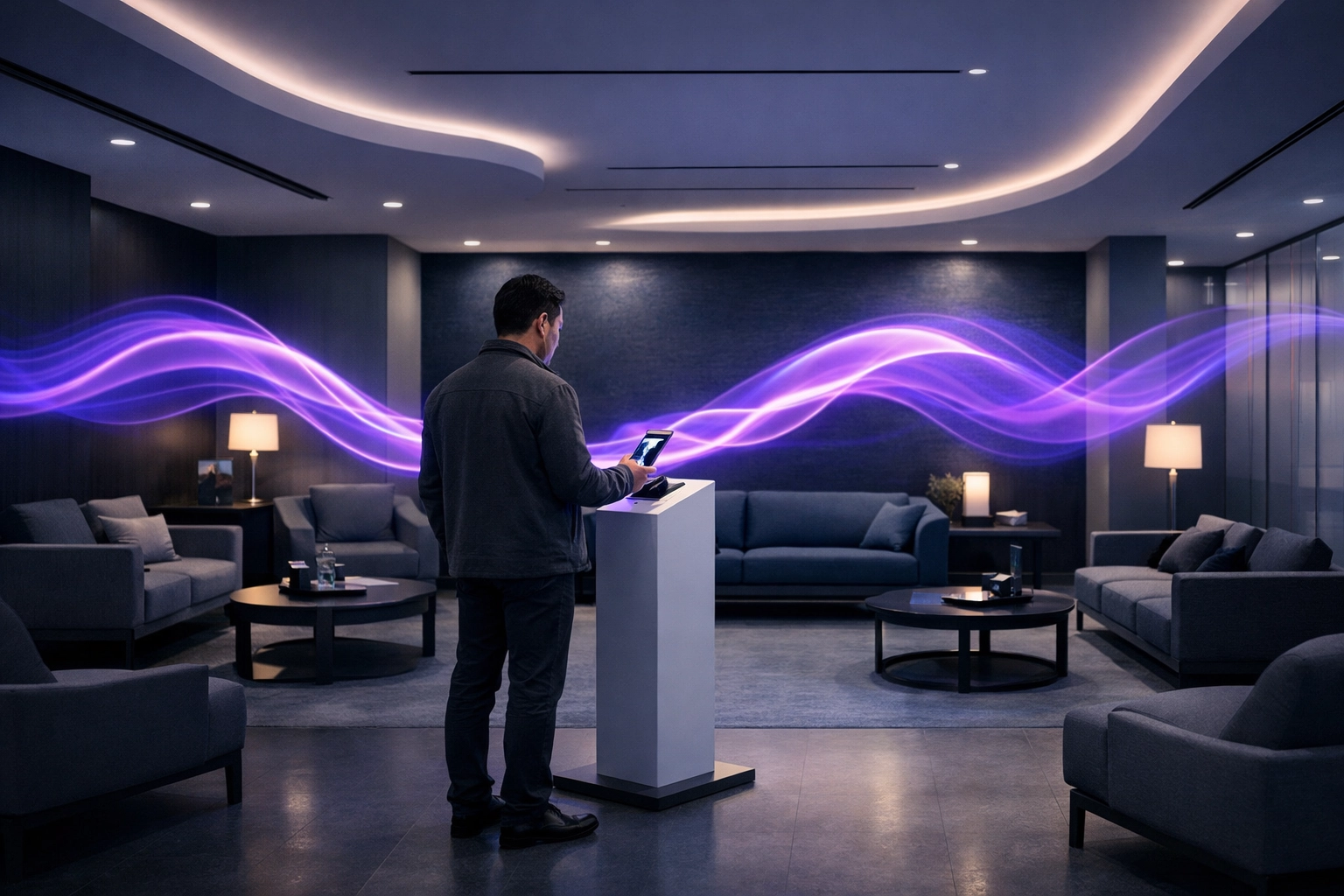 A person scanning a QR code in a calm lounge to access premium entertainment perks and digital rewards.