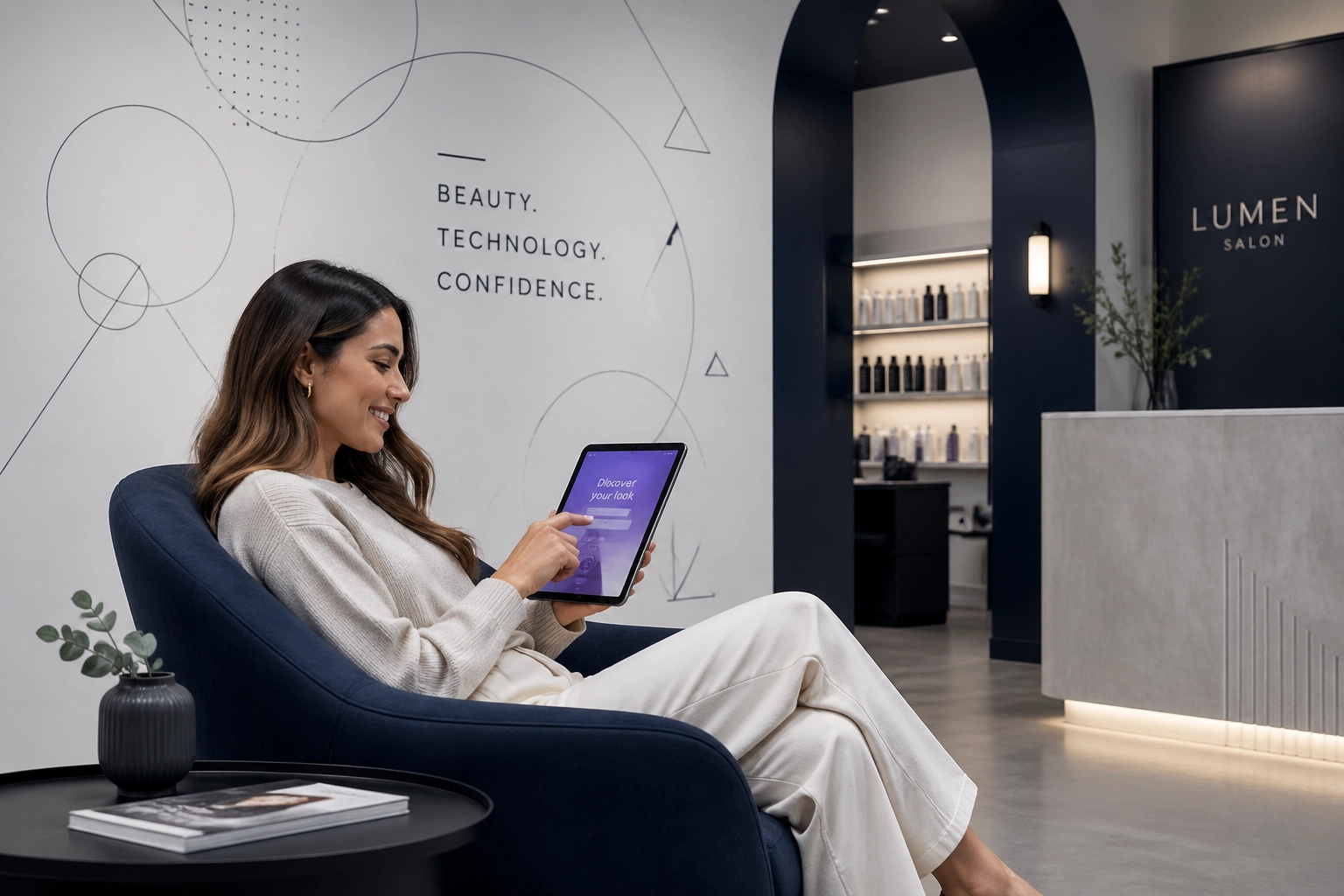 Customer using a digital hub tablet in a clean, modern salon lobby to improve the waiting experience.