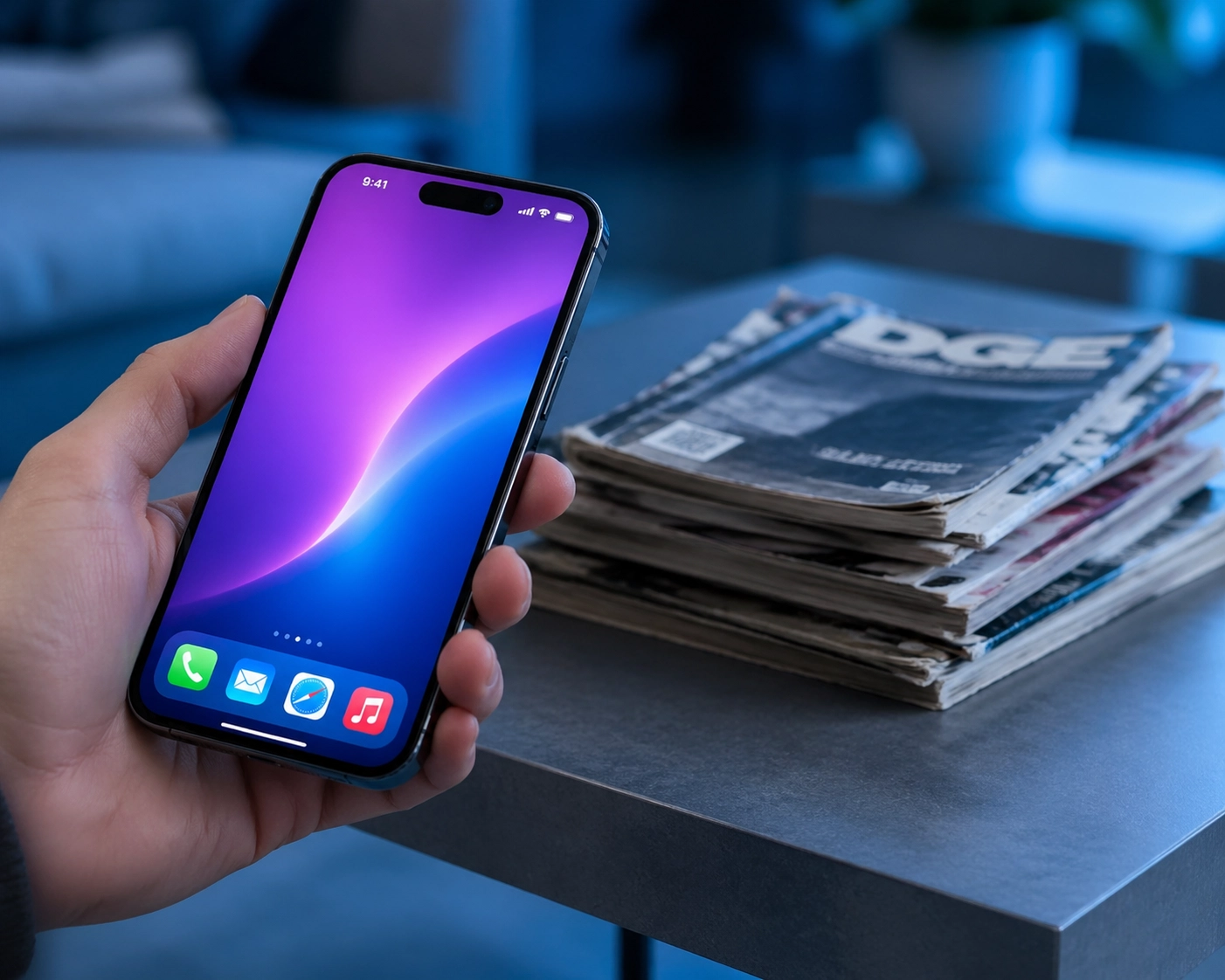 Hygienic smartphone interface held in front of unsanitary magazines to promote touchless waiting room solutions.