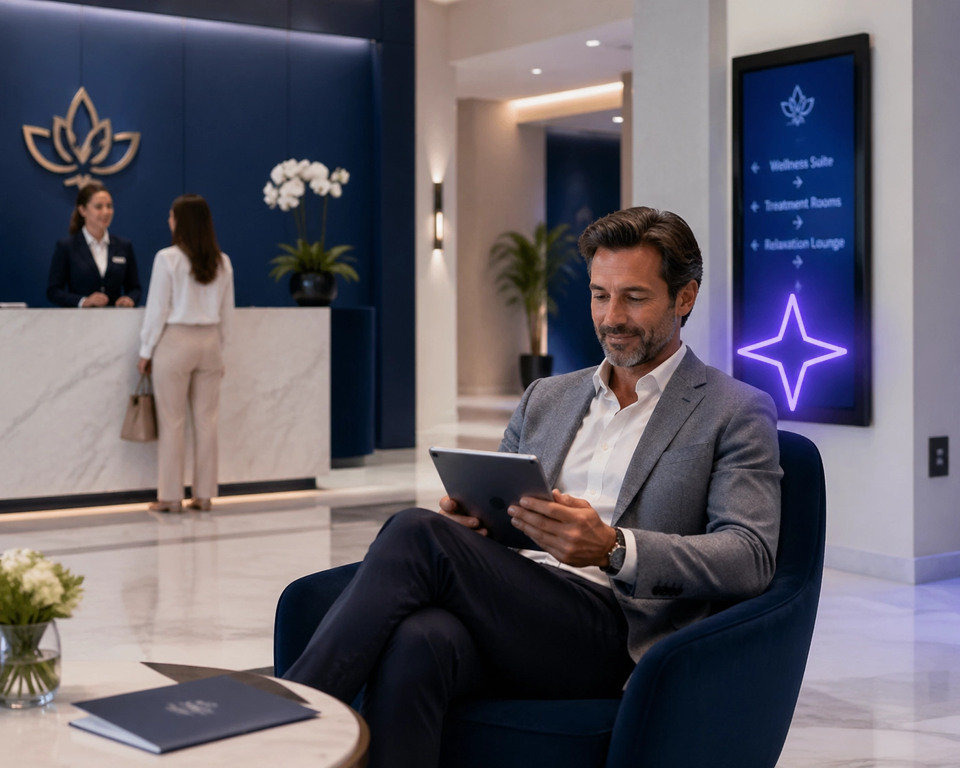 A customer in a professional waiting area enjoying a respectful digital service experience.