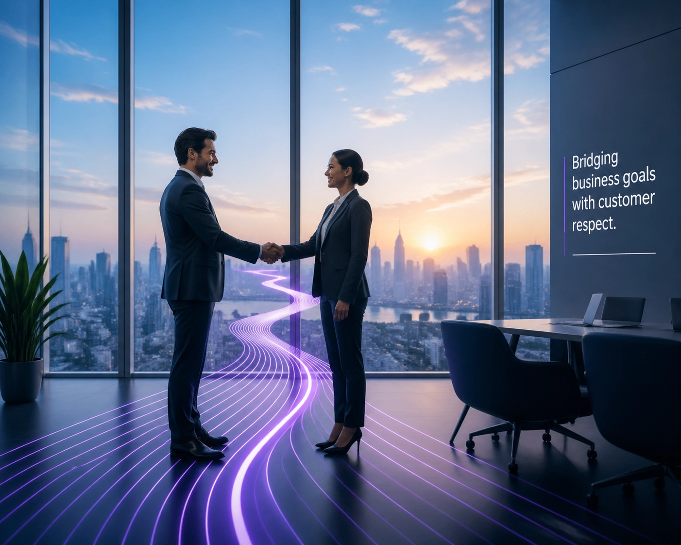 Two professionals shaking hands, signifying a commitment to customer respect and appreciation.