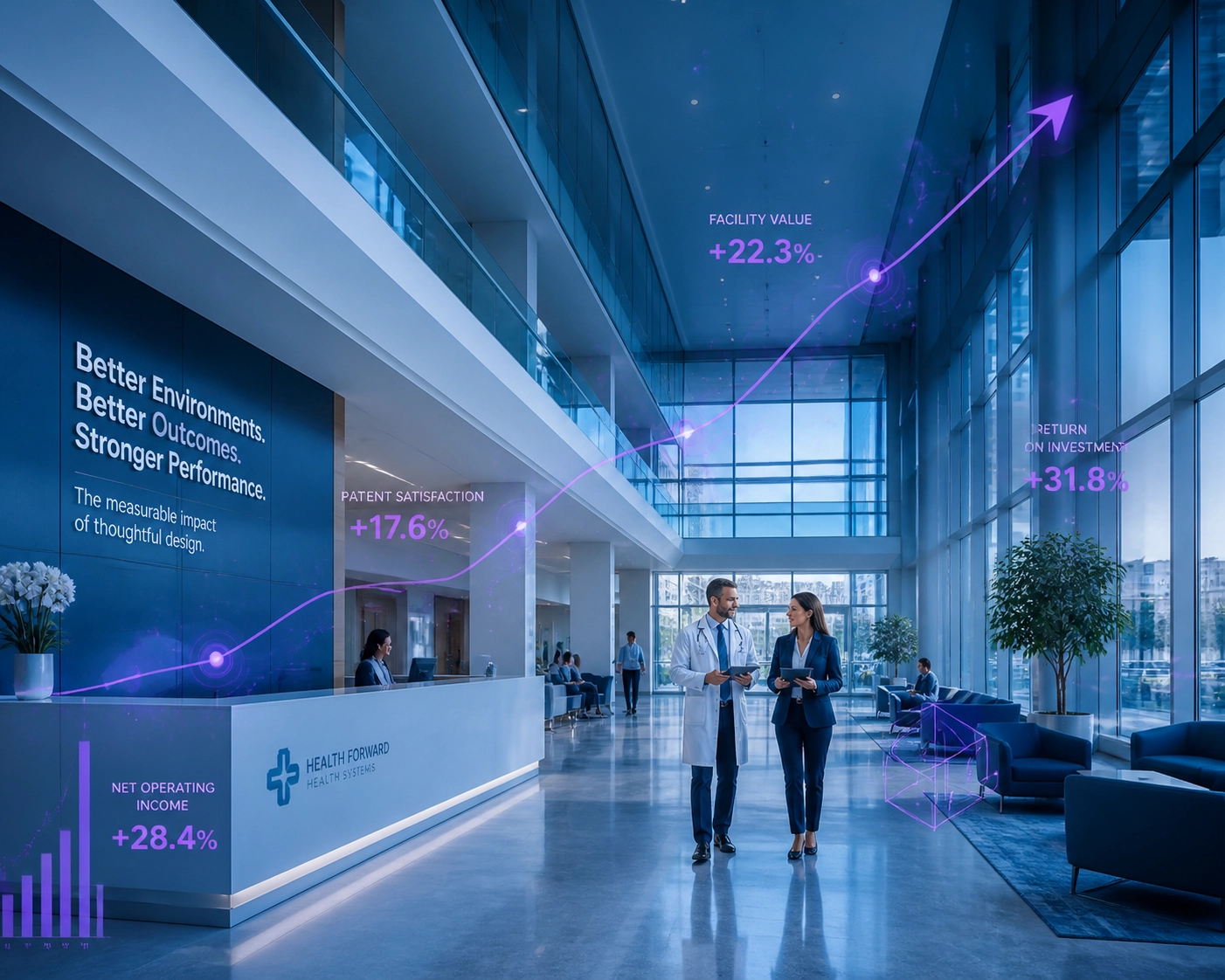 Modern hospital lobby with data graphs connecting patient environment to CMS scoring.