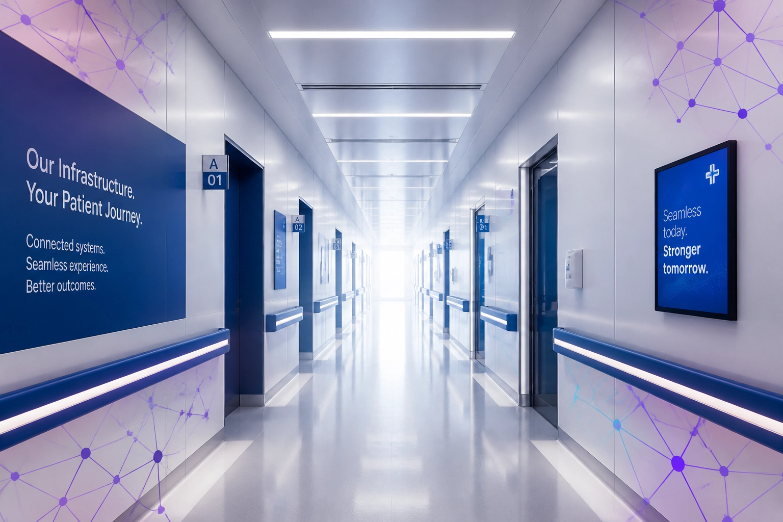 Healthcare corridor with digital infrastructure patterns representing a patient experience platform.