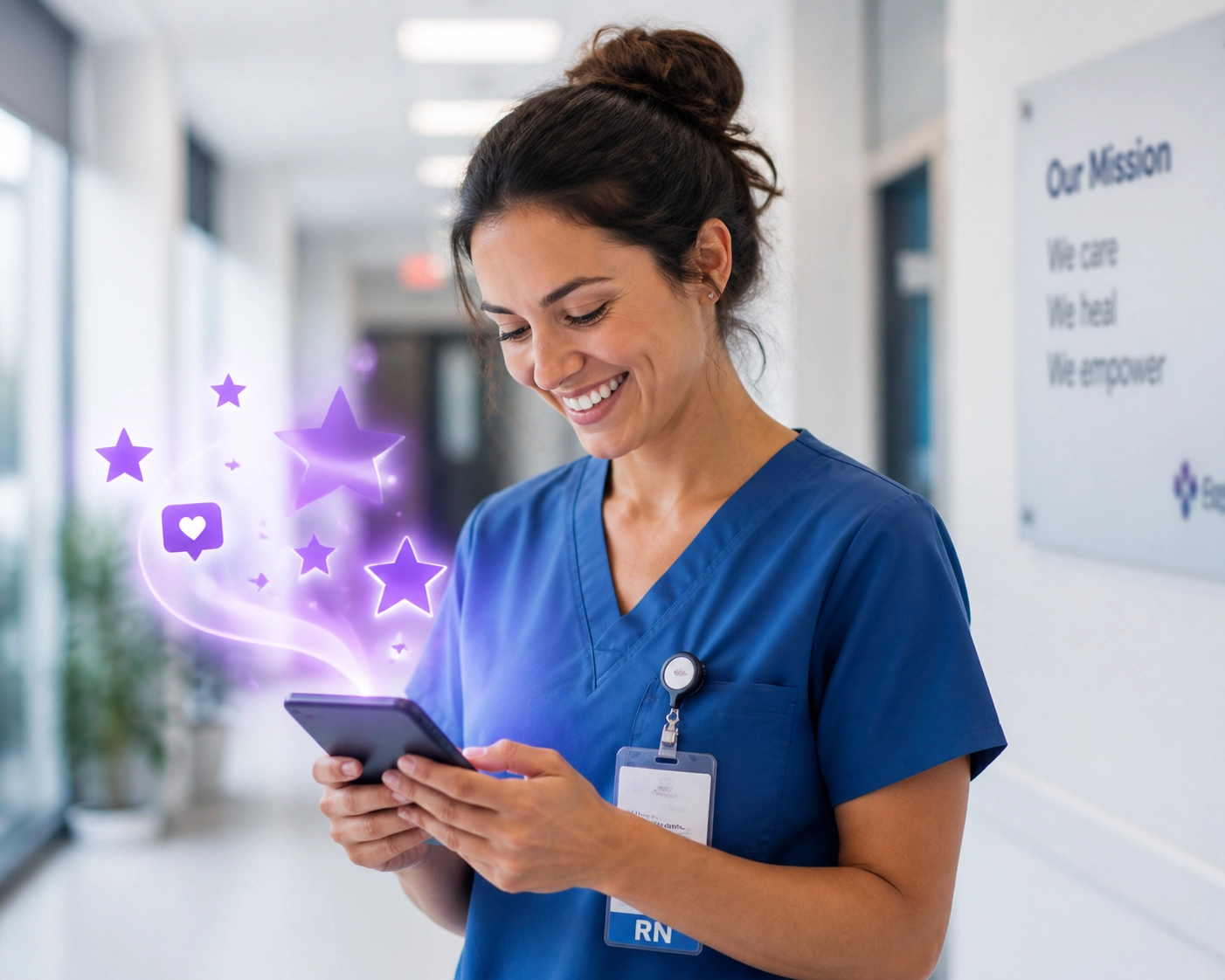 A healthcare professional smiling at positive patient feedback on a mobile platform.