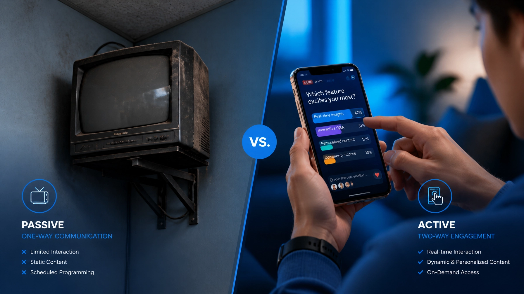 A split visual comparing an old television in a corner to a person engaging with interactive content on a smartphone.