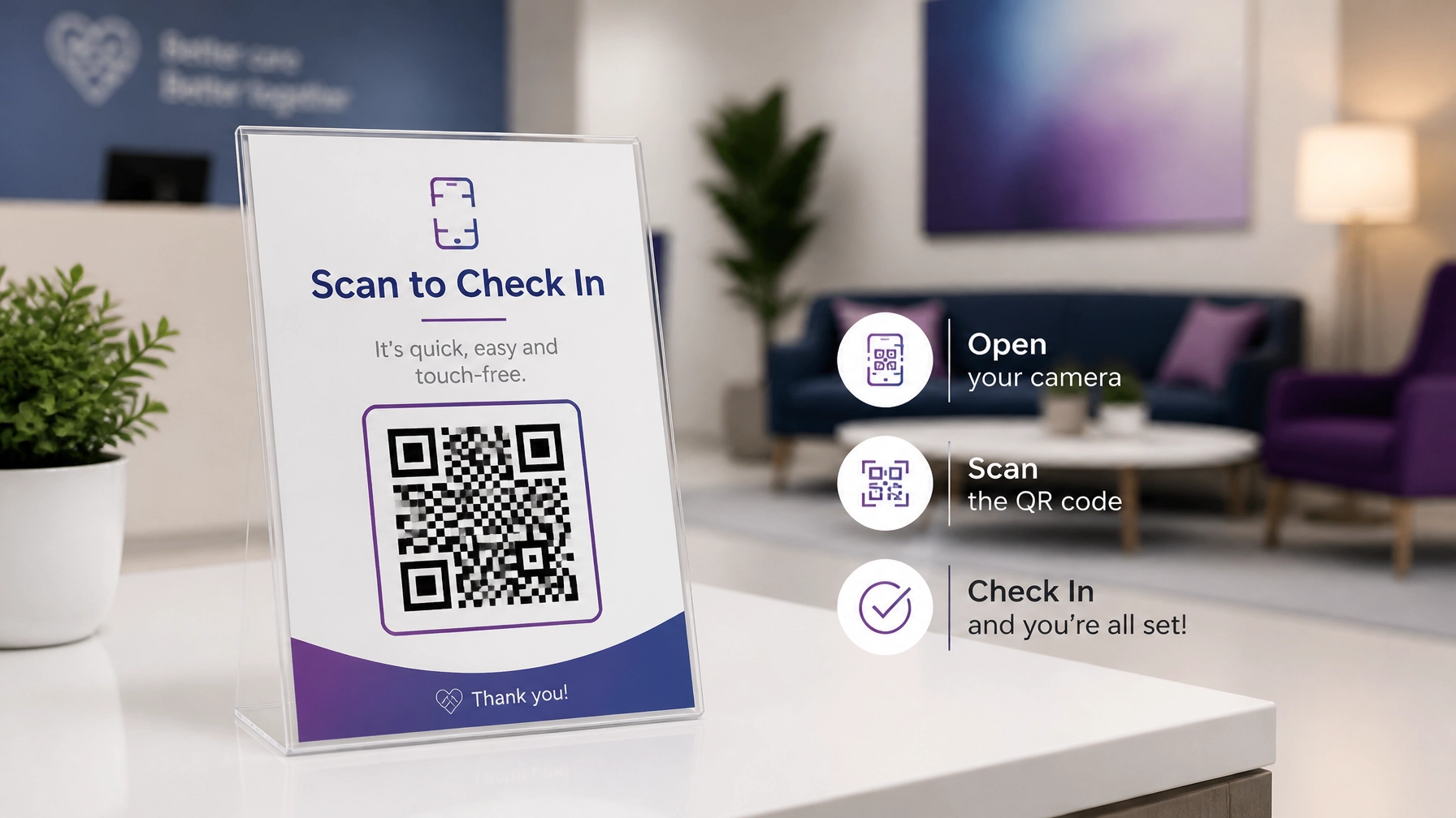 A sleek QR code display on a table in a modern lounge, representing effortless digital access.