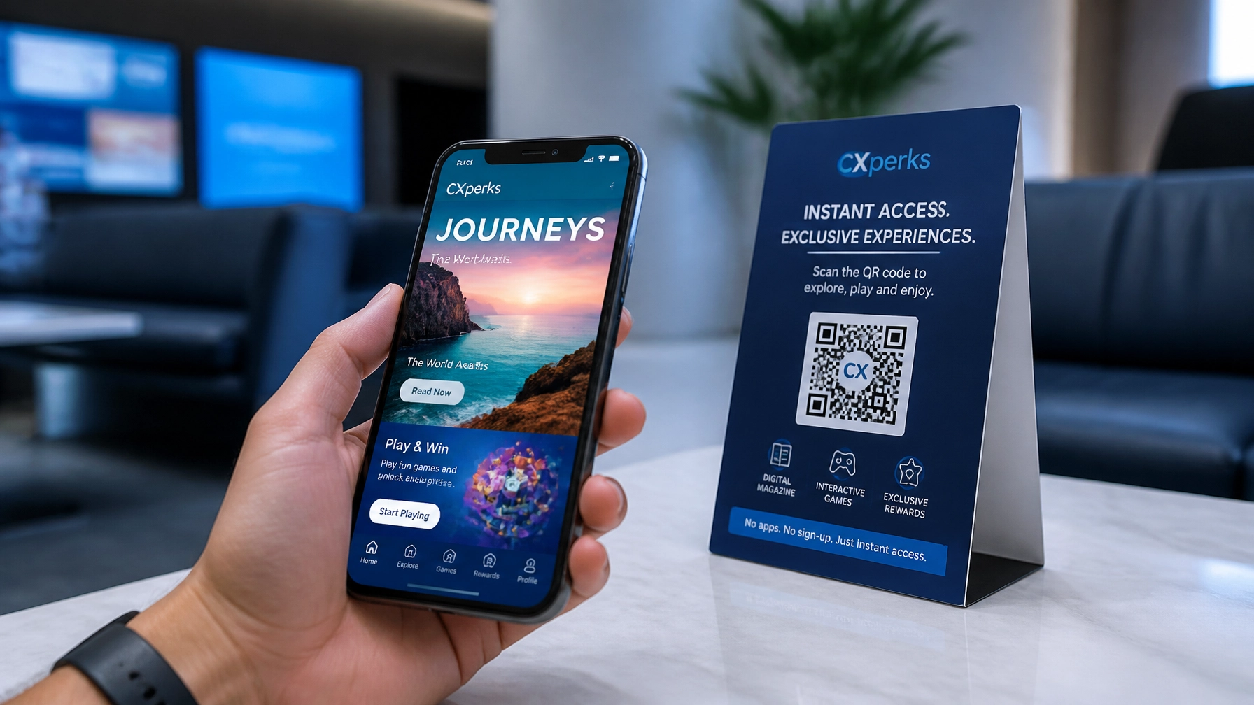 A person scanning a QR code in a waiting room to access a frictionless digital experience.