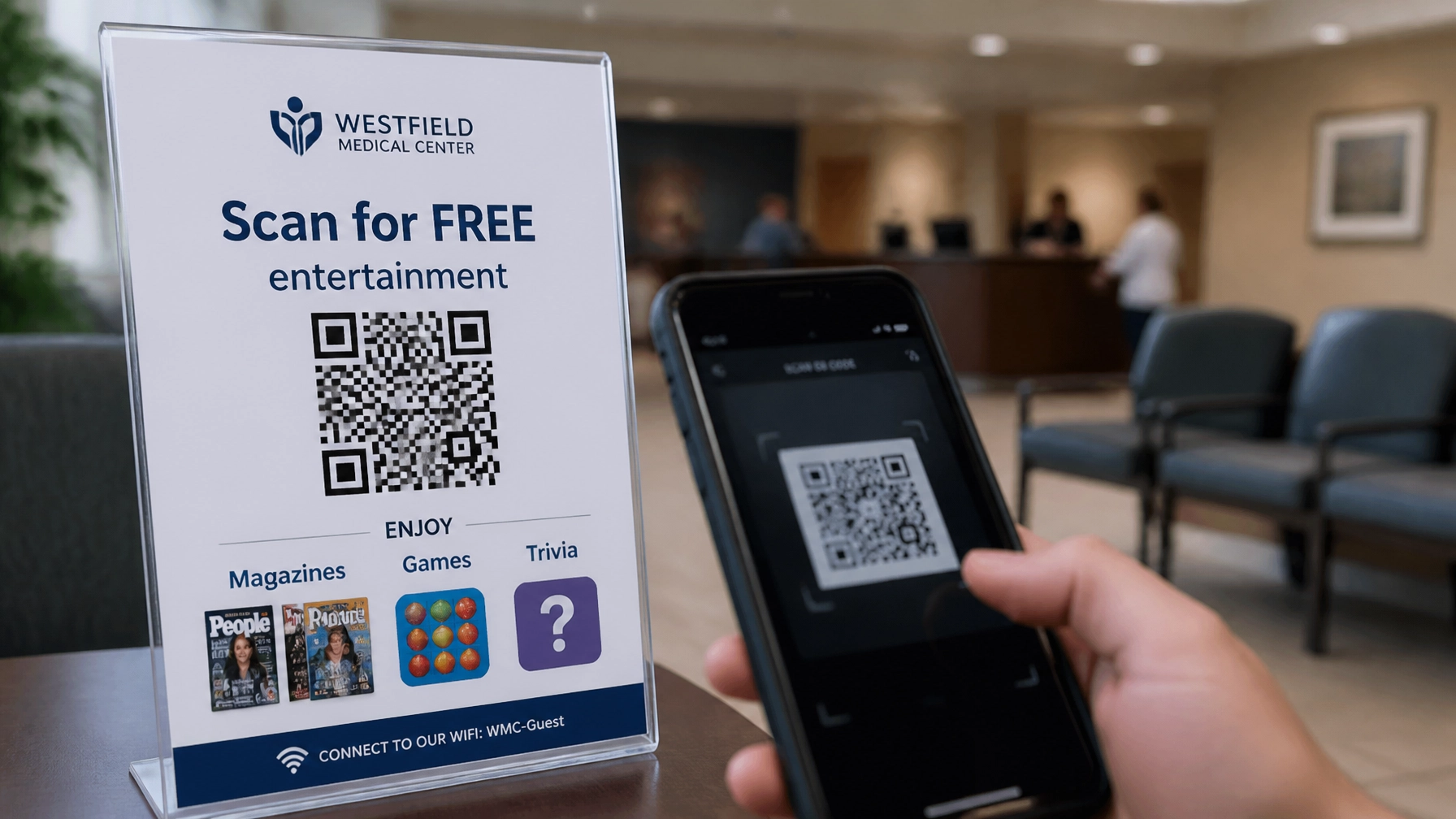 A close-up realistic photo in a hospital waiting room showing a physical sign with a clear QR code and small visual thumbnails representing magazines, games, and trivia while a patient scans it with a smartphone.