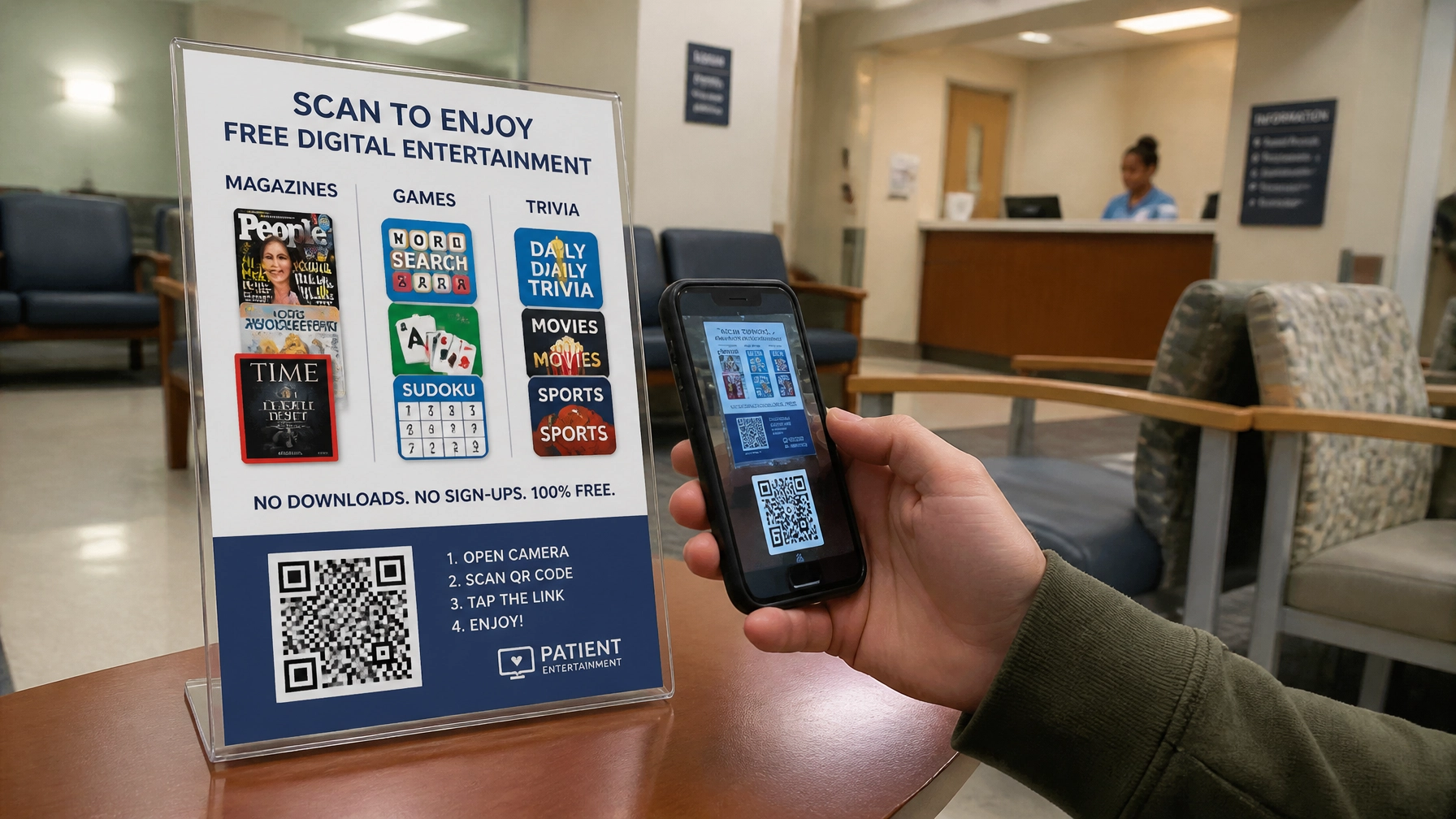 A realistic professional healthcare waiting room photo showing a smartphone next to a physical placard with a large QR code and thumbnail-style visuals for magazines, games, and trivia. The hospital setting is clean, modern, and grounded.