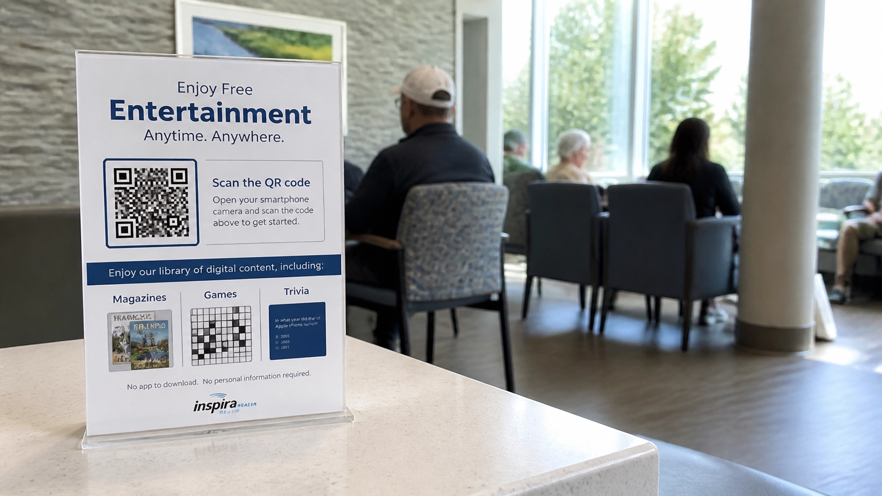 A realistic professional photo inside a medical waiting room showing a physical sign with a clear QR code and printed thumbnail visuals for digital magazines, games, and trivia beside it. Seating and patients appear softly in the background.