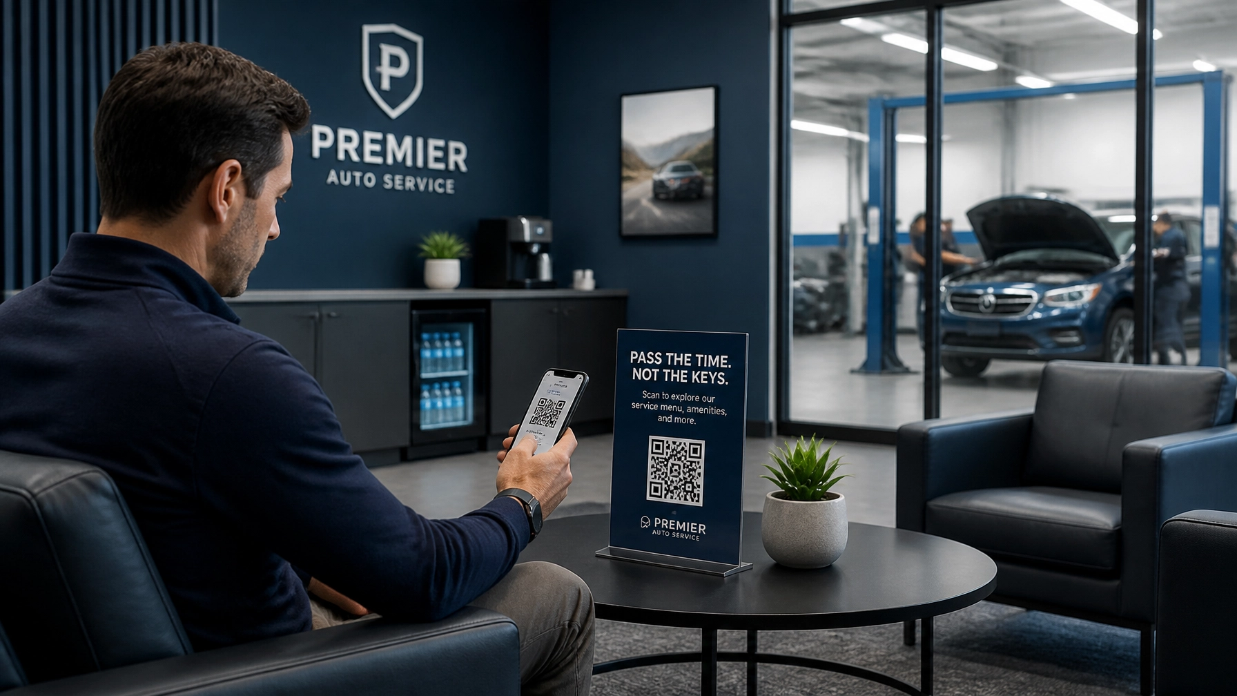 Customer scanning a QR code for digital engagement in a service center