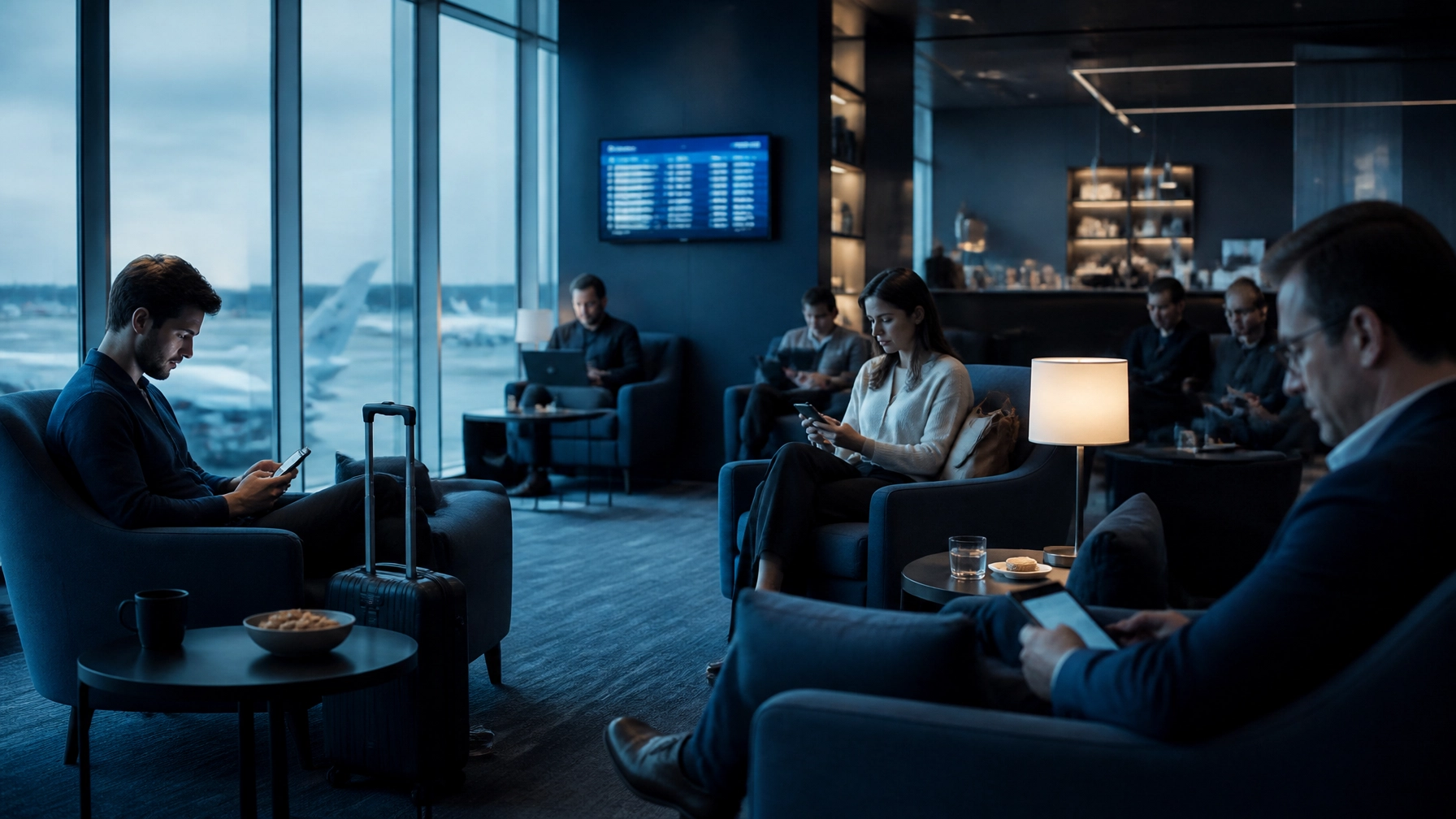 Travelers in an airport lounge using smartphones for productive time