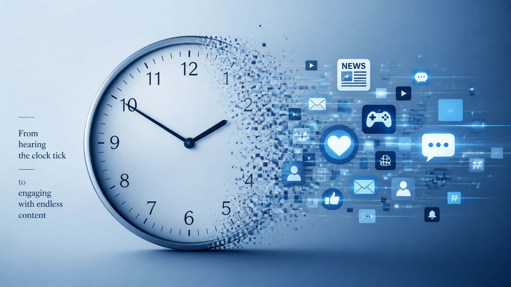 A conceptual illustration showing an analog clock dissolving into a digital stream of engagement.