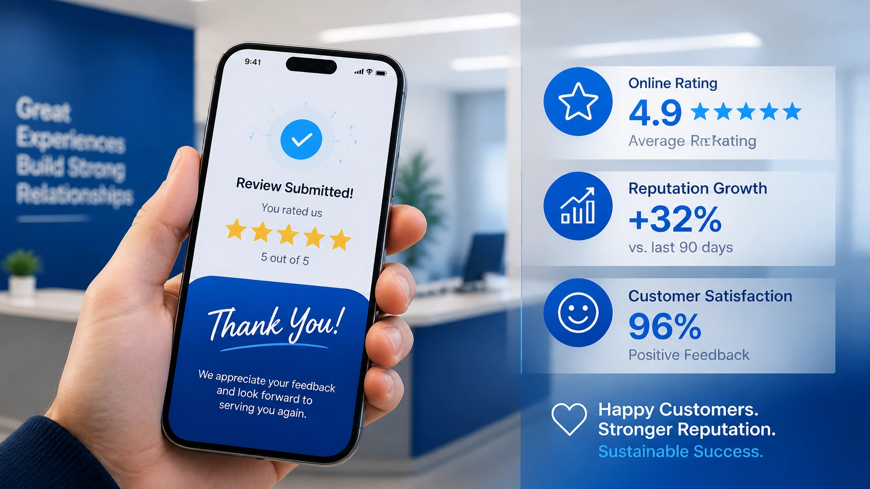 A hand holding a smartphone showing a 5-star review, representing the result of positive engagement.
