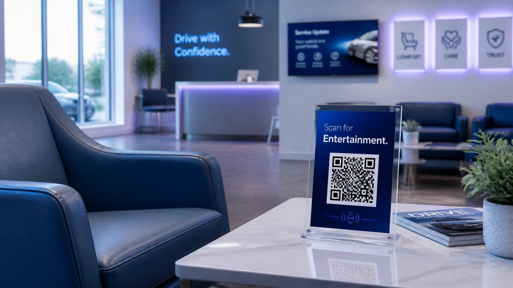 A professional QR code stand in a waiting area, offering instant entertainment.