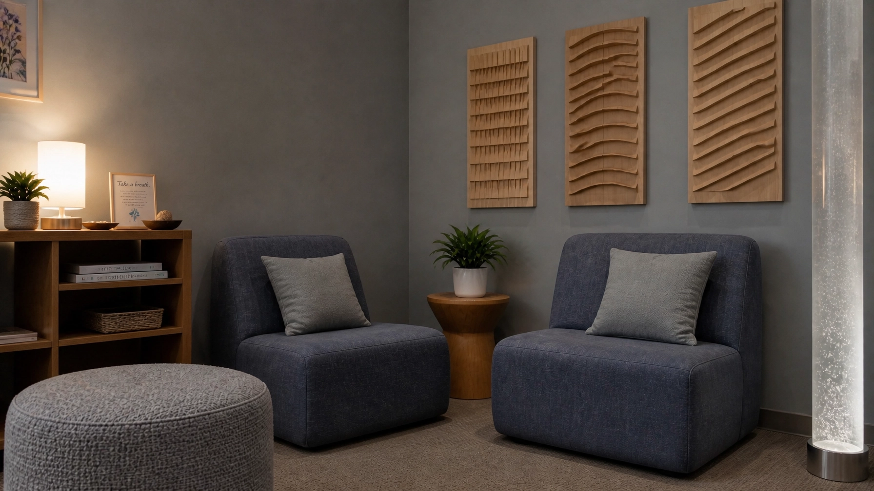 A minimalist sensory-friendly corner with soft textures and calm lighting.