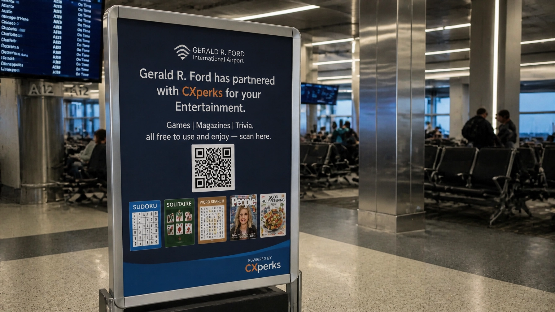 A traveler scanning a CXperks QR code to access a digital engagement hub on their smartphone.