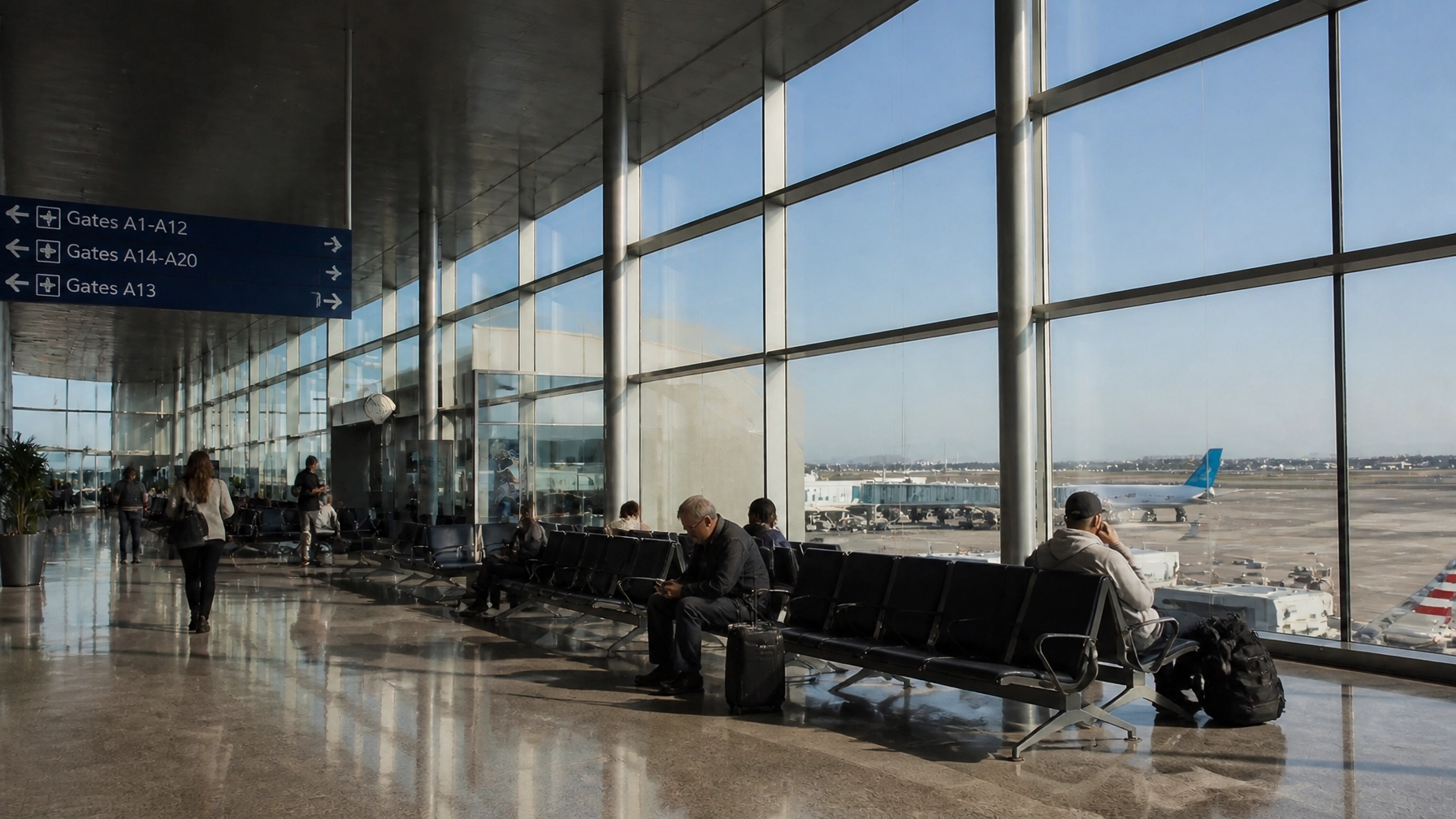 A serene, modern airport terminal view showing the calm atmosphere travelers deserve.