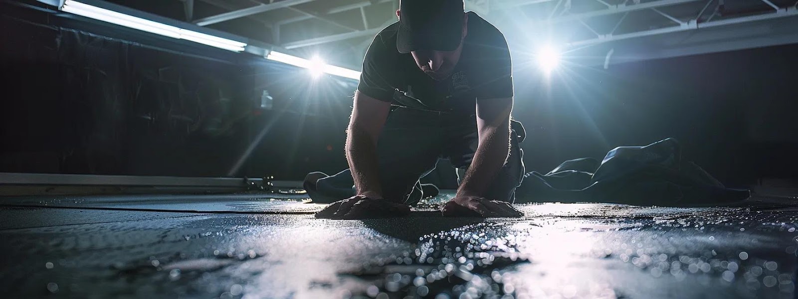 a skilled roofer inspects a meticulously detailed roof surface under bright artificial lighting, surrounded by an array of specialized tools and materials, conveying the precision and care involved in the roof rebedding process.