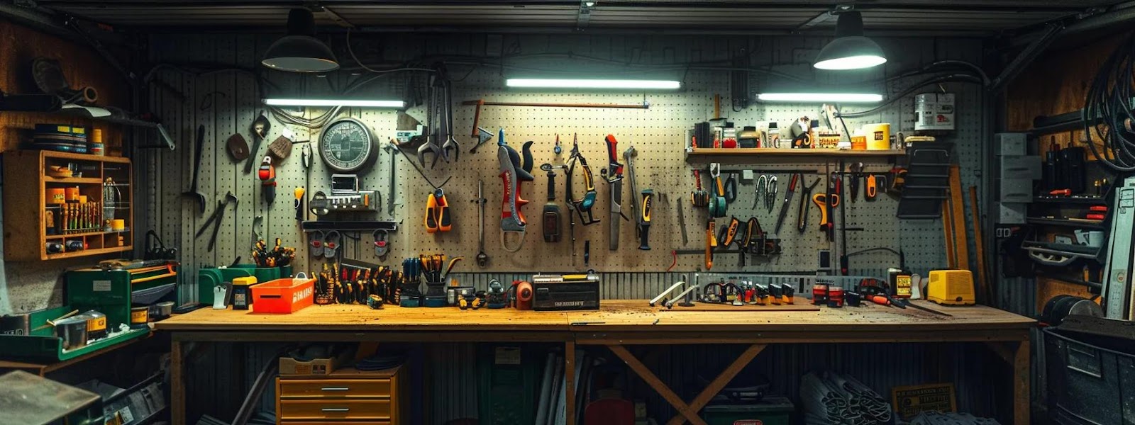 a dynamic, well-organized workspace showcases an array of essential roofing tools and quality materials artfully arranged on a sturdy workbench, illuminated by bright, focused overhead lights, emphasizing their importance in the roof rebedding process.
