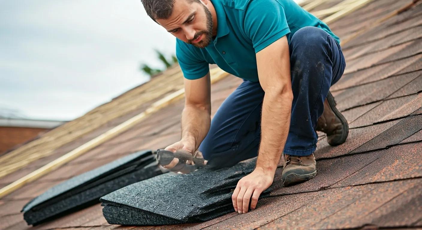 Professional roofer inspecting a roof during the reroofing process, highlighting safety and quality workmanship