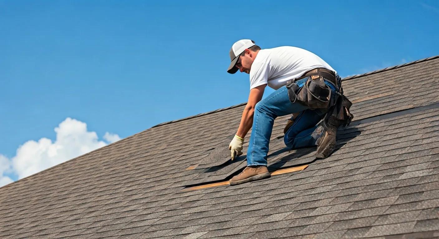 A professional roofer actively repairing a roof, highlighting the advantages of roof repair