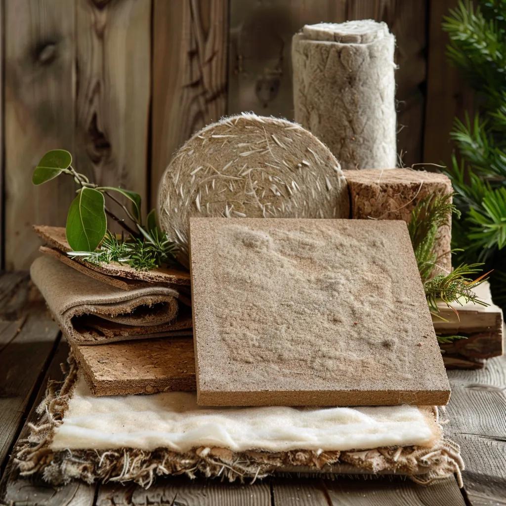 Sustainable insulation materials including cellulose, sheep's wool, and cork boards, highlighting eco-friendliness