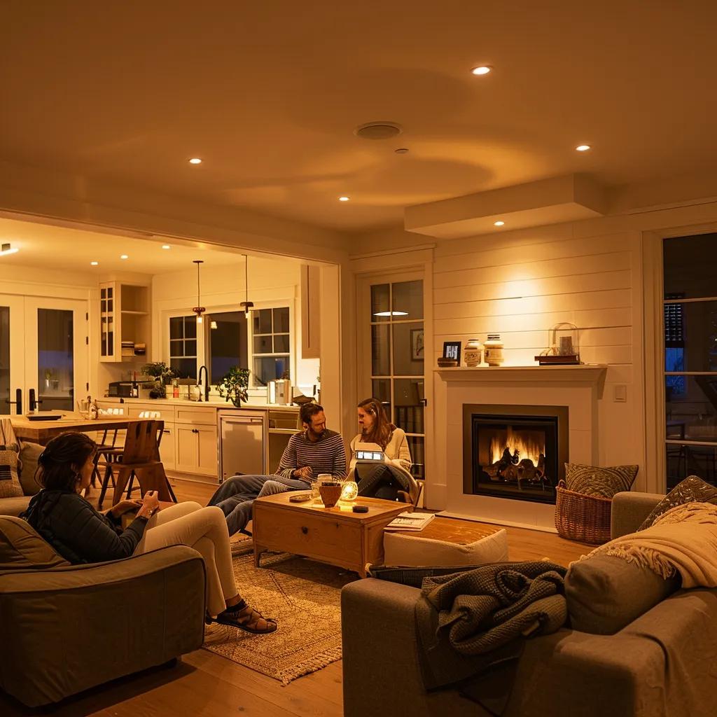 Family enjoying a comfortable living room, illustrating energy savings from roof insulation
