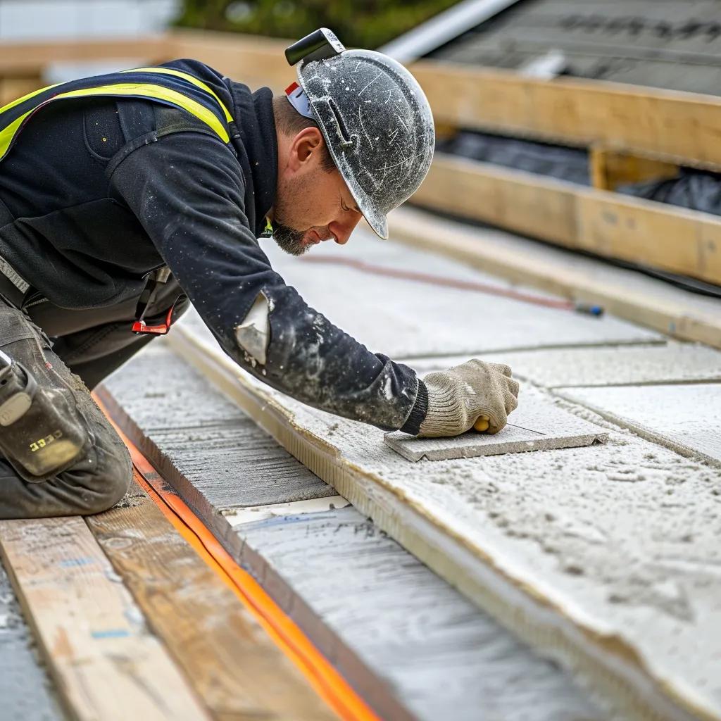 Construction worker measuring insulation materials on a roof, highlighting average costs of roof insulation