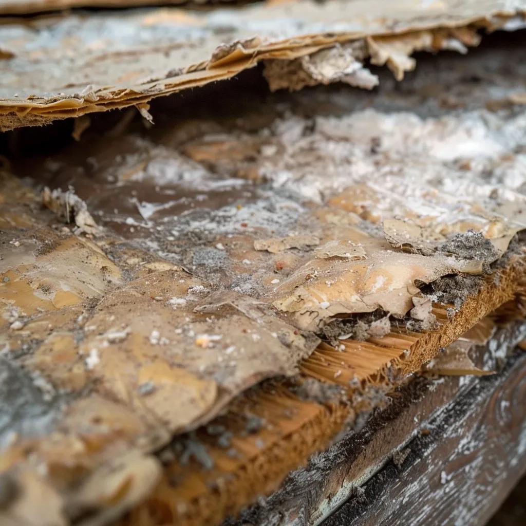 Close-up of roof insulation with moisture and mold growth, highlighting insulation issues