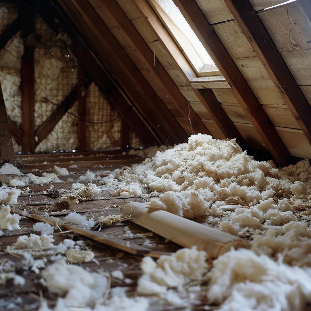 Signs of pest infestation in roof insulation, showcasing droppings and damaged materials