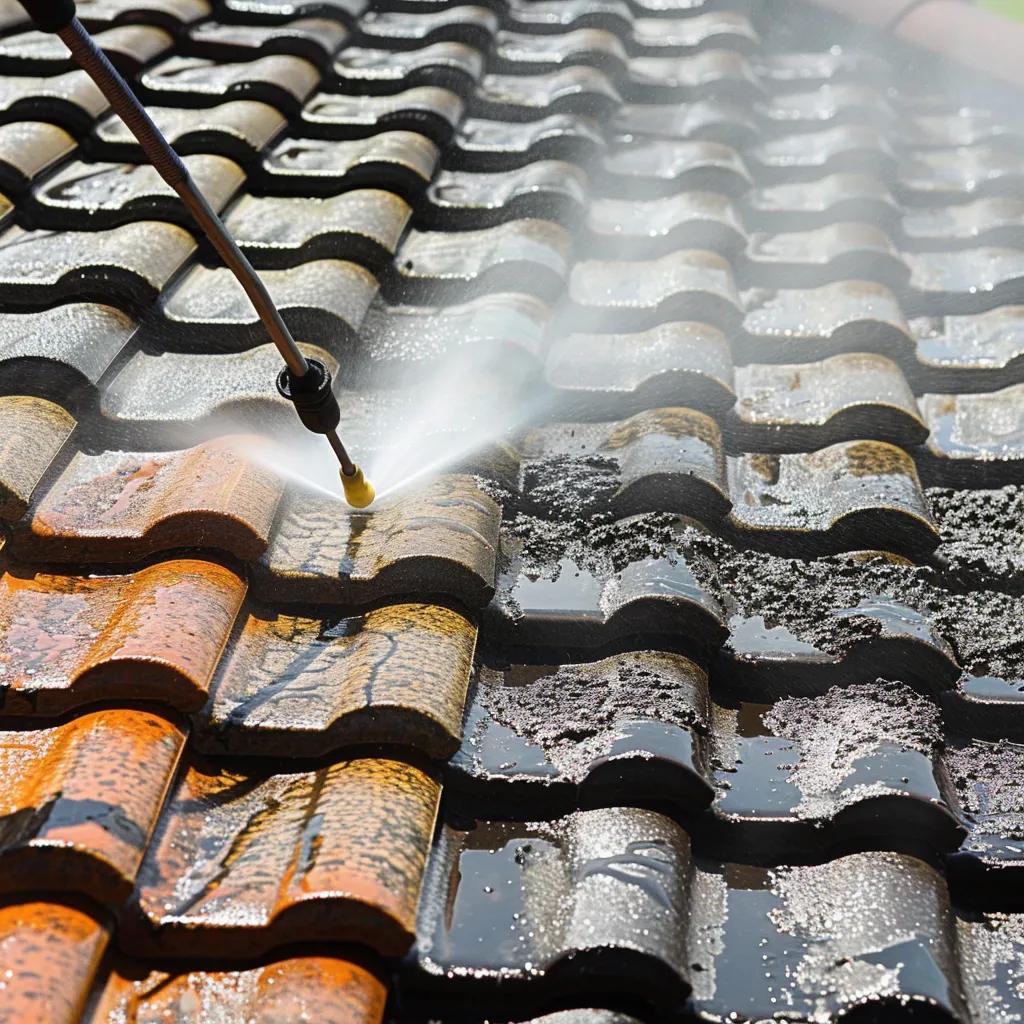 Pressure washing a roof to remove dirt and moss before painting