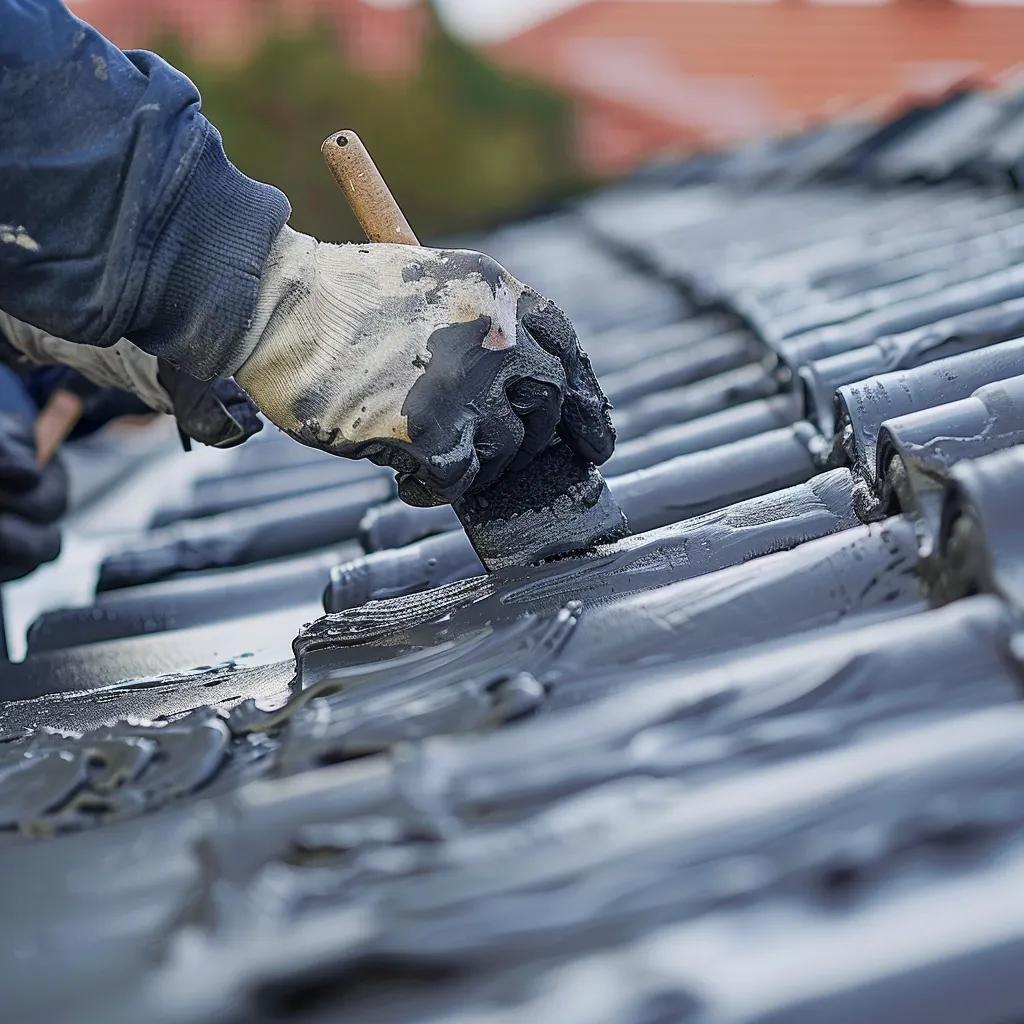Worker applying sealant to a crack in a concrete tile roof during repair
