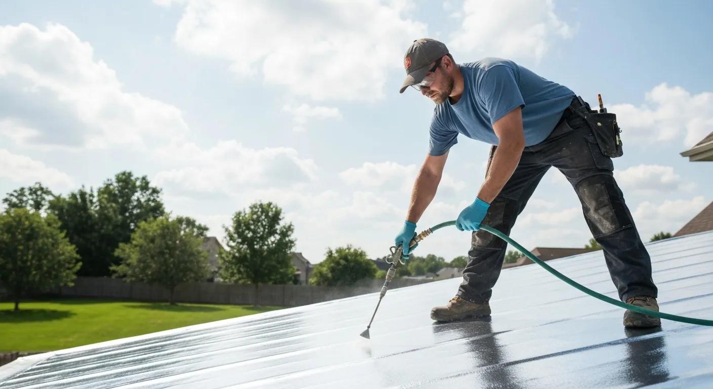 Professional applying heat-reflective coating on a roof, showcasing energy efficiency benefits