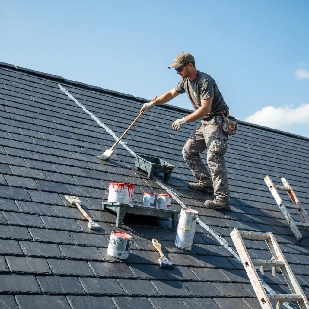 Professional painter applying roof paint, illustrating quality workmanship