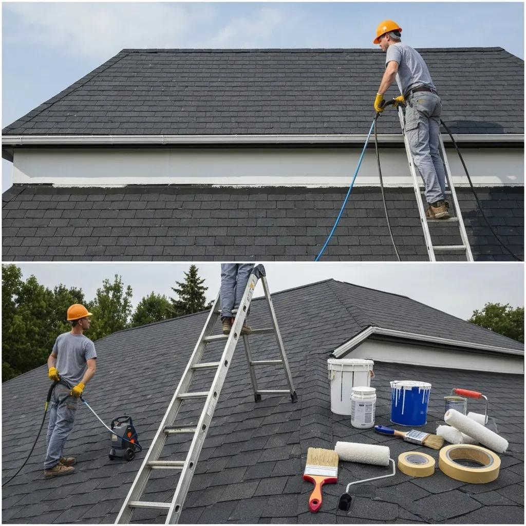 Stages of roof painting process, highlighting inspection and application techniques