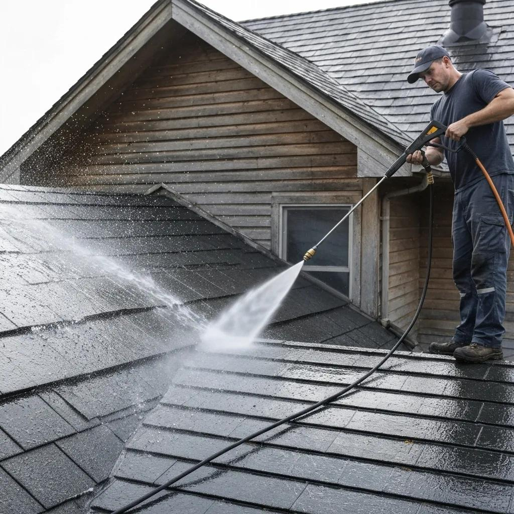 Professional using a pressure washer for roof surface preparation before painting