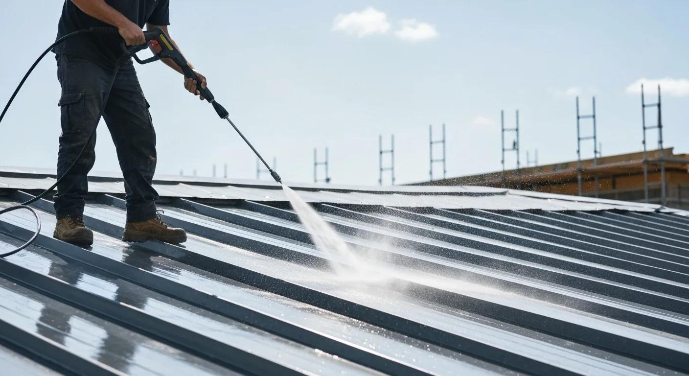 Professional roofer preparing a Colorbond roof for painting with a pressure washer