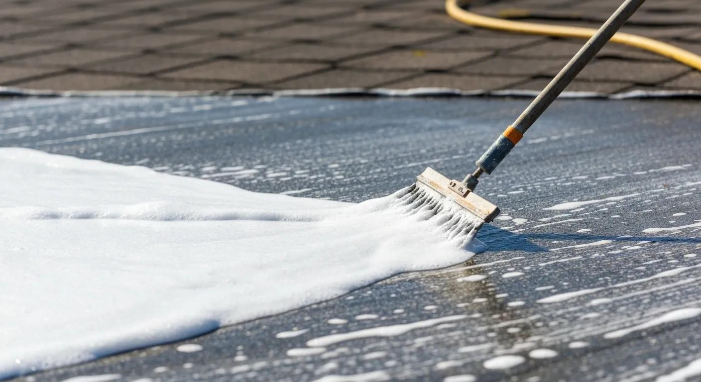 Close-up of biodegradable detergents being applied during soft wash roof cleaning process
