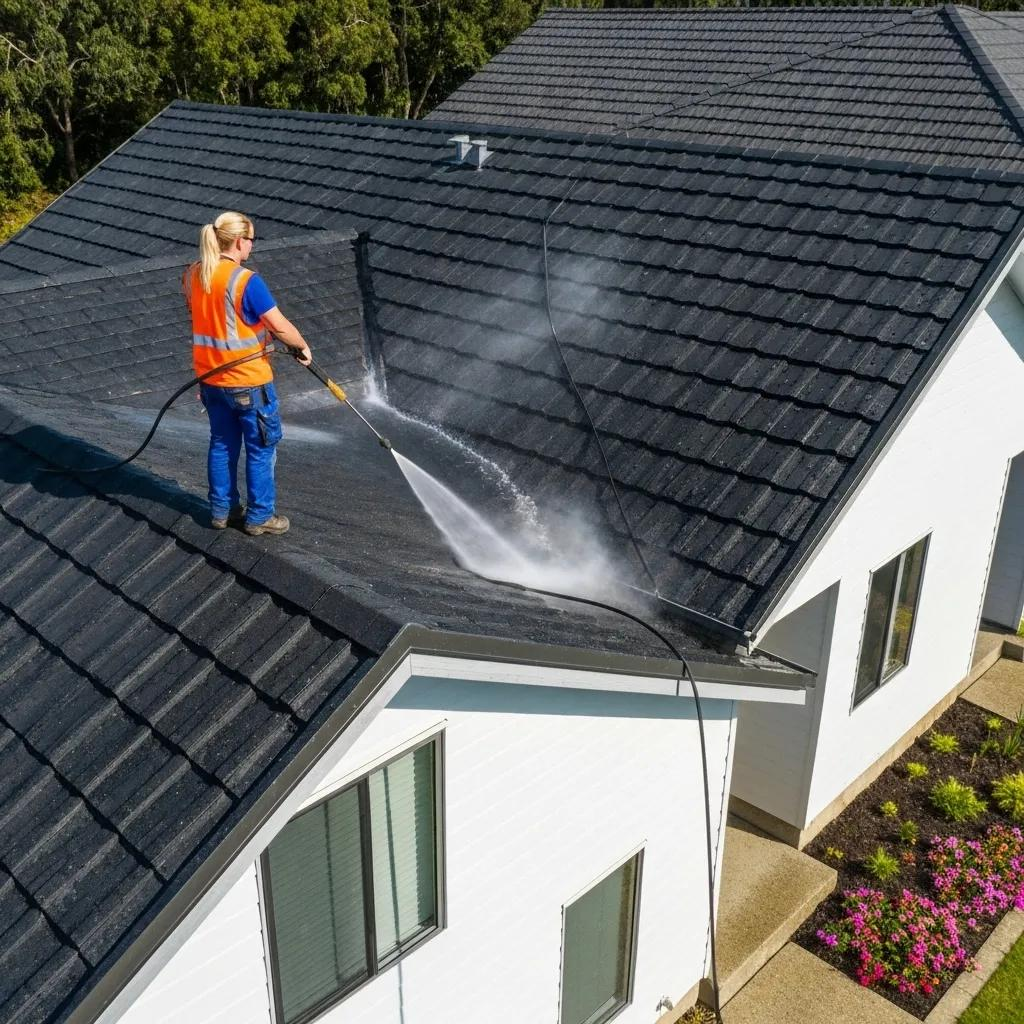 Technician performing pressure washing on a durable roof, demonstrating high-velocity water jets in action